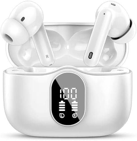 Wireless Earbuds, Bluetooth 5.4 Headphones with Noise Cancelling Mic, LED Display, IP7 Waterproof, White